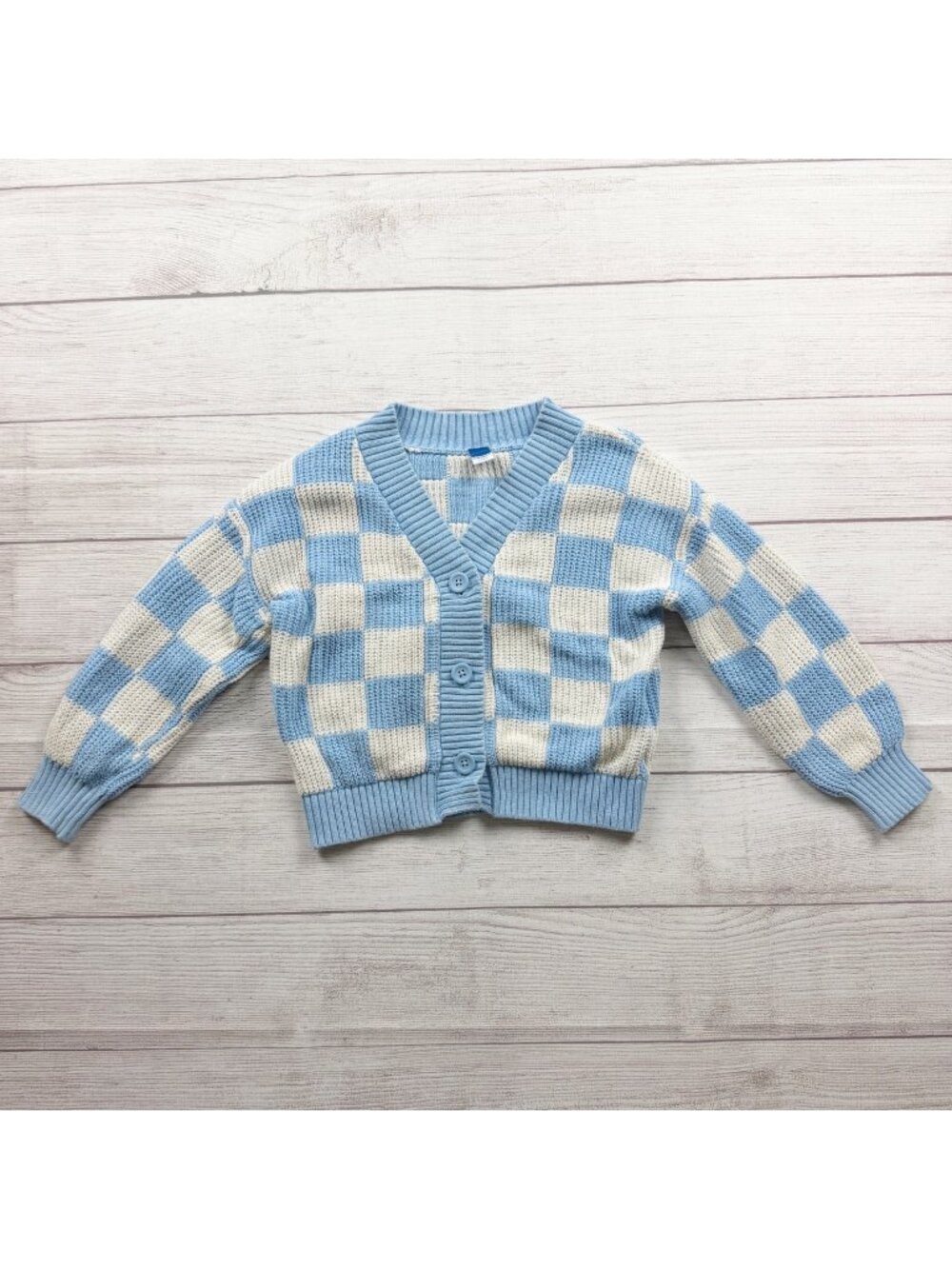 Old Navy Kids Blue Cream Checkered Knit Cardigan Button Up Sweater S 6-7